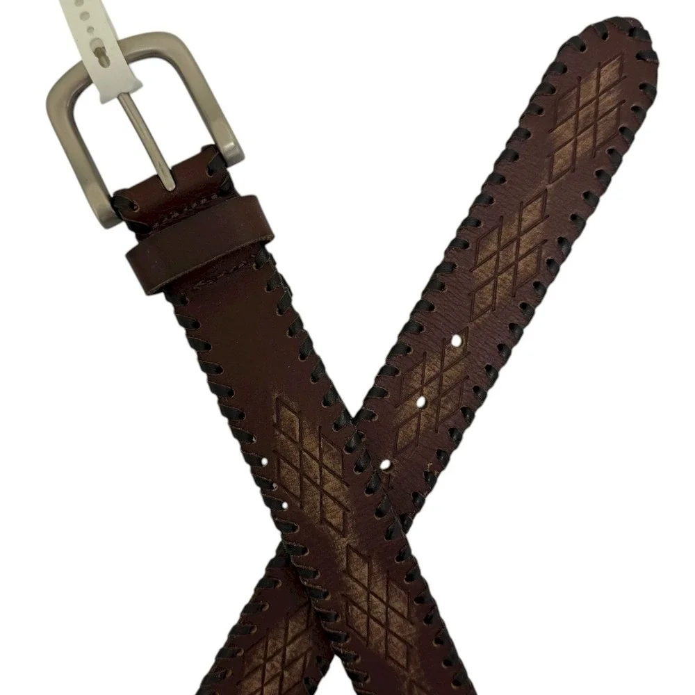 Lucky Brand Men's Size 38 Dark Brown Genuine Leather Embossed Lace Up‎ Belt NWT